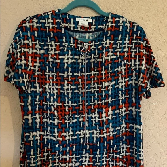 Lacoste Blue and Red Patterned Zip Up Front Dress- Size 40 - Picture 3 of 8